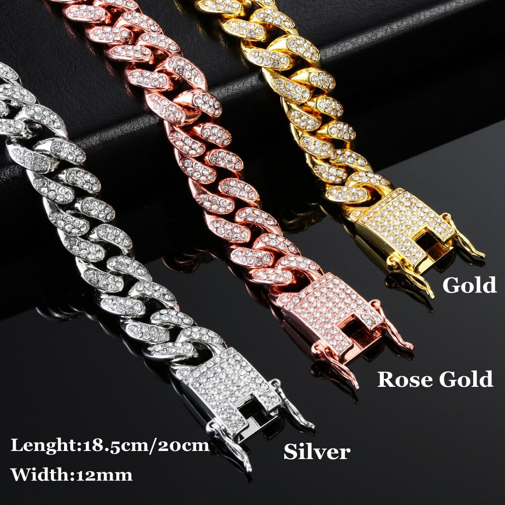 1Pc 14K Vergulde 12Mm Breedte Diamond Cubaanse Armband Luxe Shiny Hip Hop Ingelegd Rhinestone Link Chain vrouwen Mode Armband