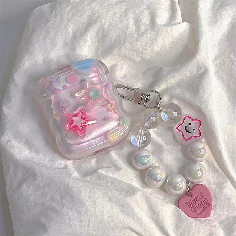 Koreanskt sött hörlursfodral med 3d rosa stjärnor och vågig kant till airpods 1 2 3 med kärlekshjärta och pärlhänge, mjukt fodral till airpods pro 2