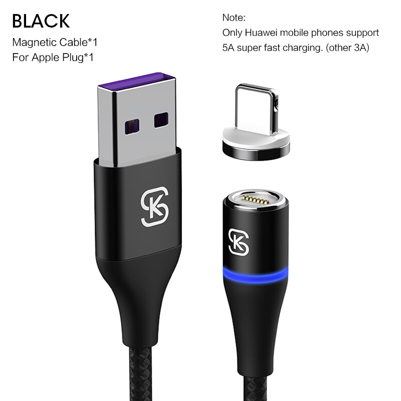 Sikai cabo usb carregador rápido 3 em 1 5a, cabo de carregamento rápido e magnético para huawei honor view 20 usb c 5a qc4.0 para honor 10 30pro: Black for apple