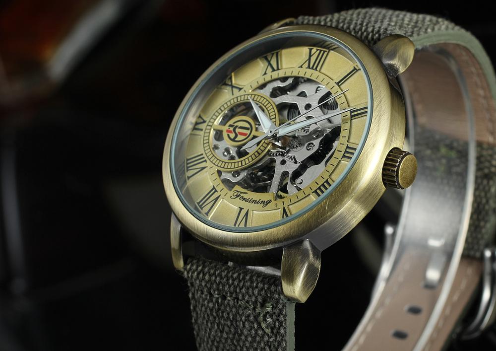 Forsining Mannen Horloge Skeleton Mechanische Hand Wind Canvas Strap Stijlvolle Romeinse Cijfers Vogue Horloge Heren Horloges