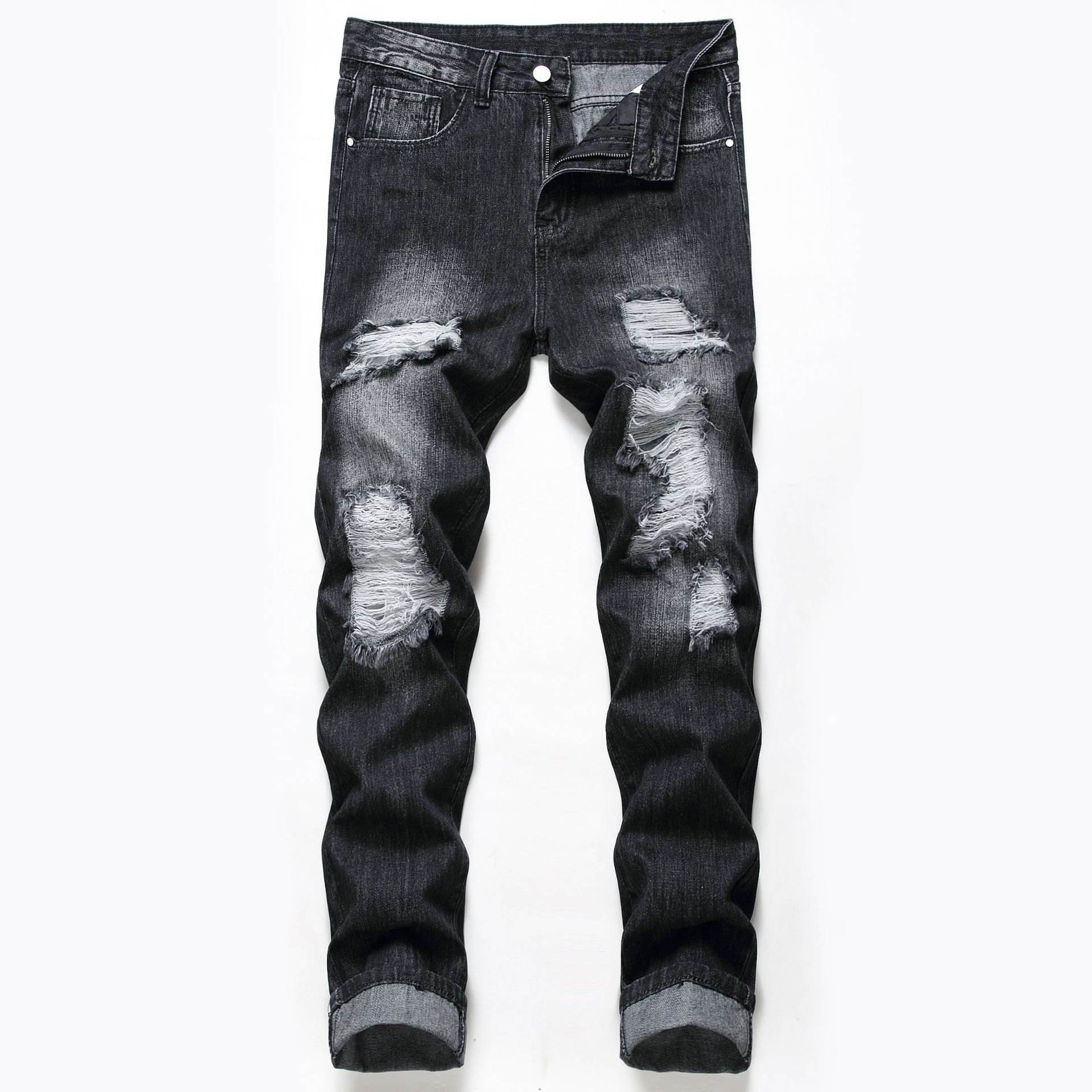 Efterår vinter jeans mænd england stil revet fuld længde sort bleget hul plus størrelse afslappet denim bukser mandlige vilde tidevand