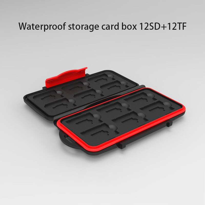Stort vandtæt hukommelseskort med 24 sd tf hukommelseskort opbevaringsboks beskyttelsestaske sort + rød anti-shock