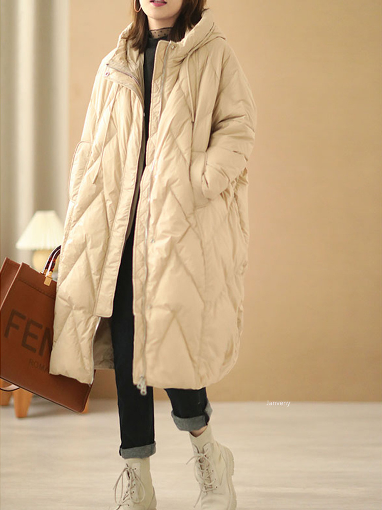 Janveny Women Loose Long Coat 90% White Duck Down Jacket Women Winter Female Overcoat Winter Hooded Puffer Feather Parkas