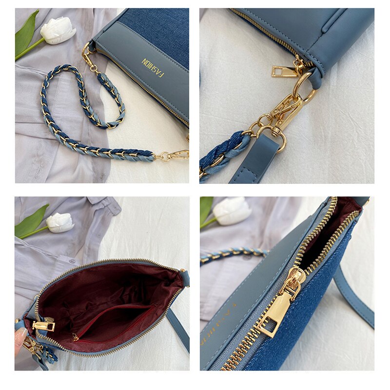 Patchwork Jean Vrouwen Tas Denim Handtas Zachte Pu Lederen Ketting Schoudertassen Panelled Twee Schouderbanden Crossbody tas