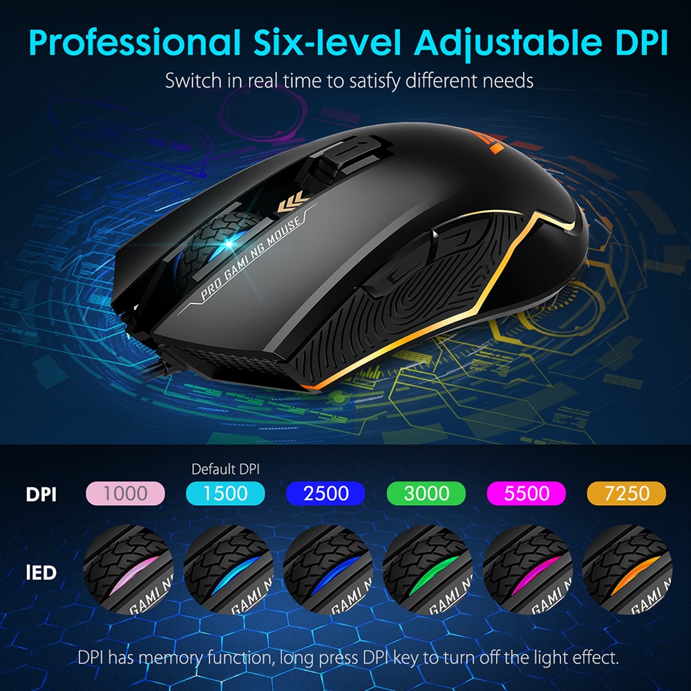 VicTsing PC109 Gaming Mouse Wired PC Gamer Mouse 7250 DPI 6 Buttons Optical Mice Ergonomic With Side Buttons RGB Backlit