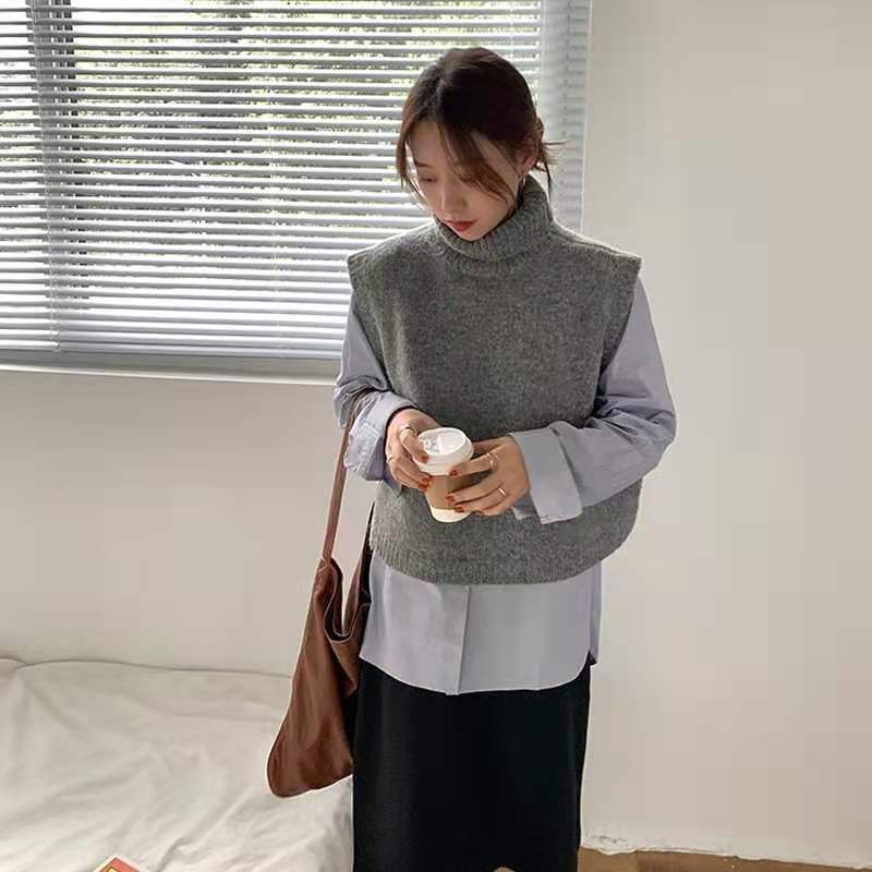 Mjuk ulltröja väst kvinnor vinter koreansk stil vintage turtleneck ärmlös tröja lös väst stickad linne  t561