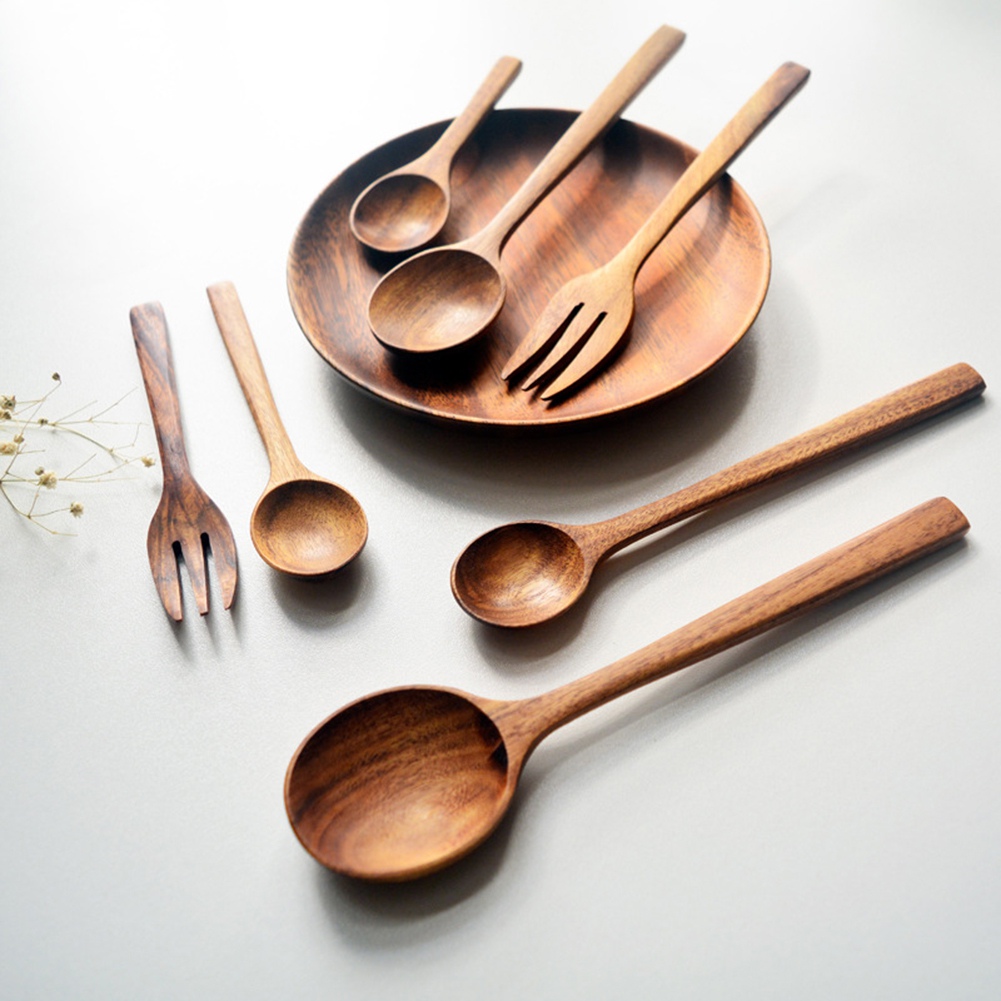 Natural Acacia Kitchen Wooden Spoon Salad Dinner Rice Serving Spoons Wood Fork Spoon Cutlery Tableware Coffee Mixing Spoon