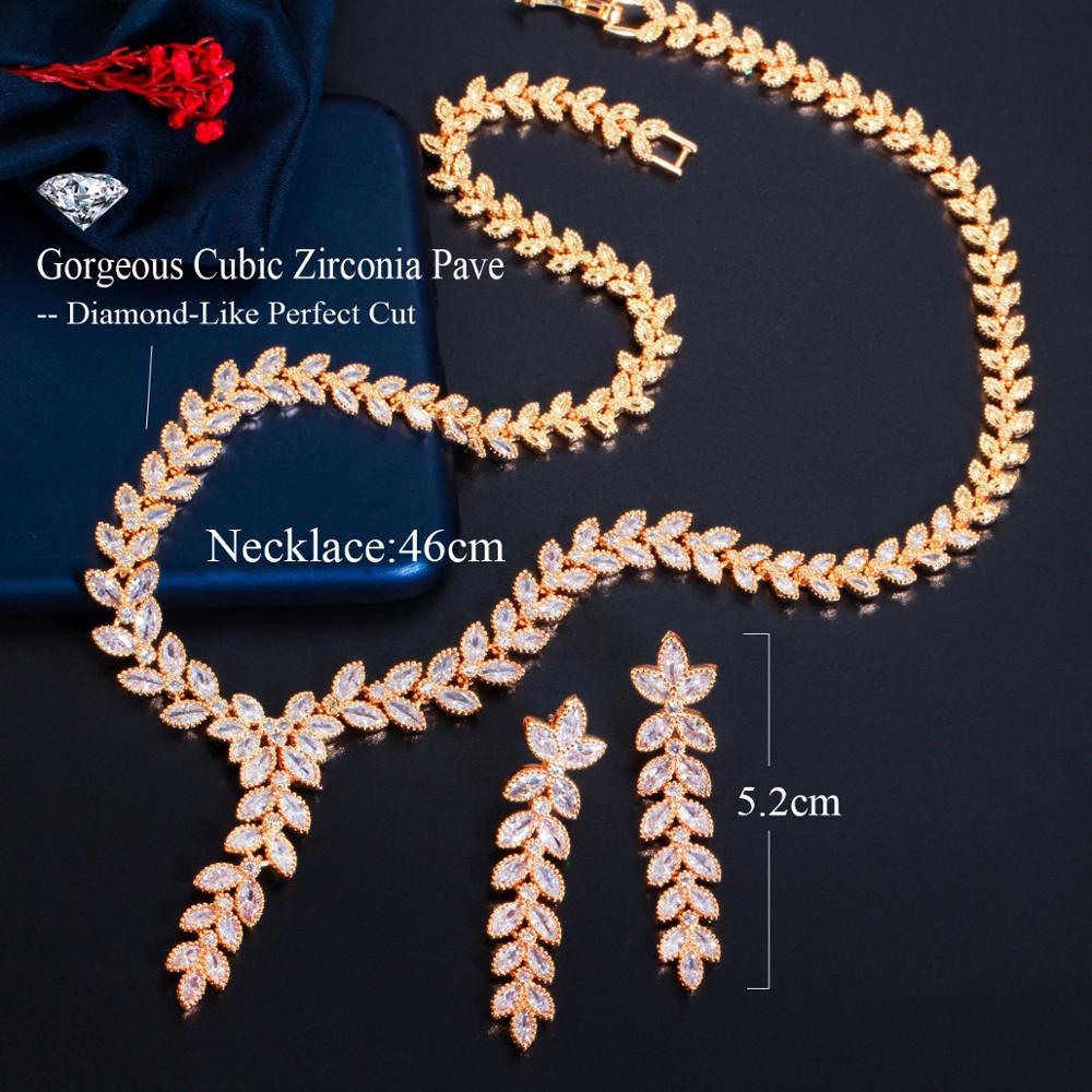 CWWZircons Leaf Shape Dangle Party Earring and Necklace African Nigerian CZ Gold Color Wedding Jewelry Set for Brides T488