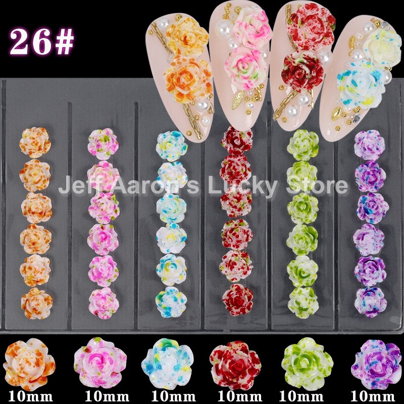 Blandet stil negler harpiks rose blomster cabochons cameo baseinnstilling 6mm 3d turkise rose blomster neglekunst dekorasjon tilbehør: Gzh 26