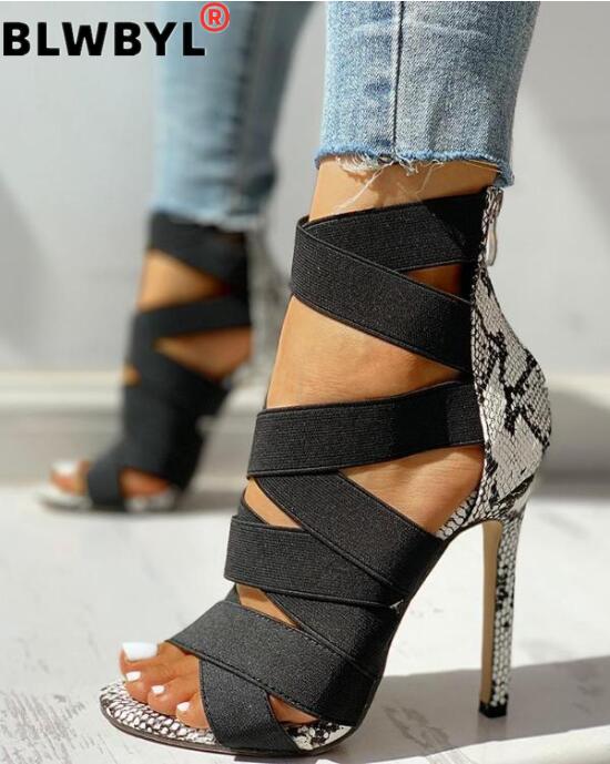 Sandalias Mujer femmes dames pompes pansement Patchwork couleurs mélangées serpent talons hauts sandales chaussures décontractées taille 37 ~ 43