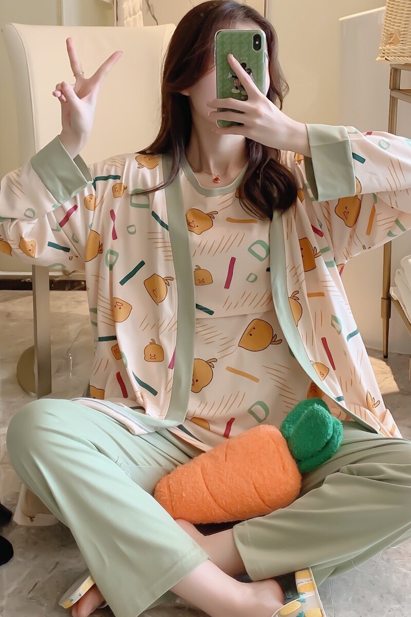 Trykt bomuld barselspleje nattøj 3 stk/sæt pyjamas jakkesæt tøj til gravide graviditet sove lounge wear hjemmetøj