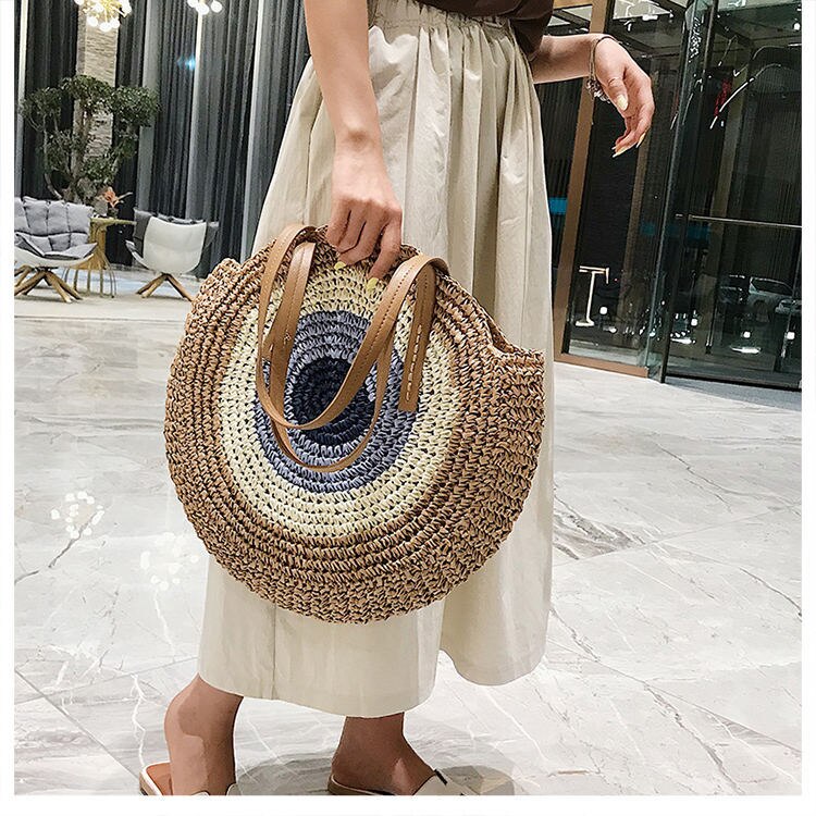 precioso bolso redondo de paja para mujer, bohemio, informal, de verano, tejido a mano, redondo, de mimbre, bolsos de playa, bolso de hombro de paja a la para mujer: 4