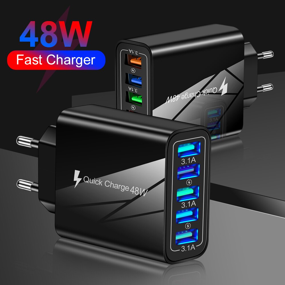 USB Charger Quick Charge 5 Port USB Charger For iPhone 12 13 Xiaomi Huawei Wall Mobile Phone Fast Travel Charger EU US UK Plug