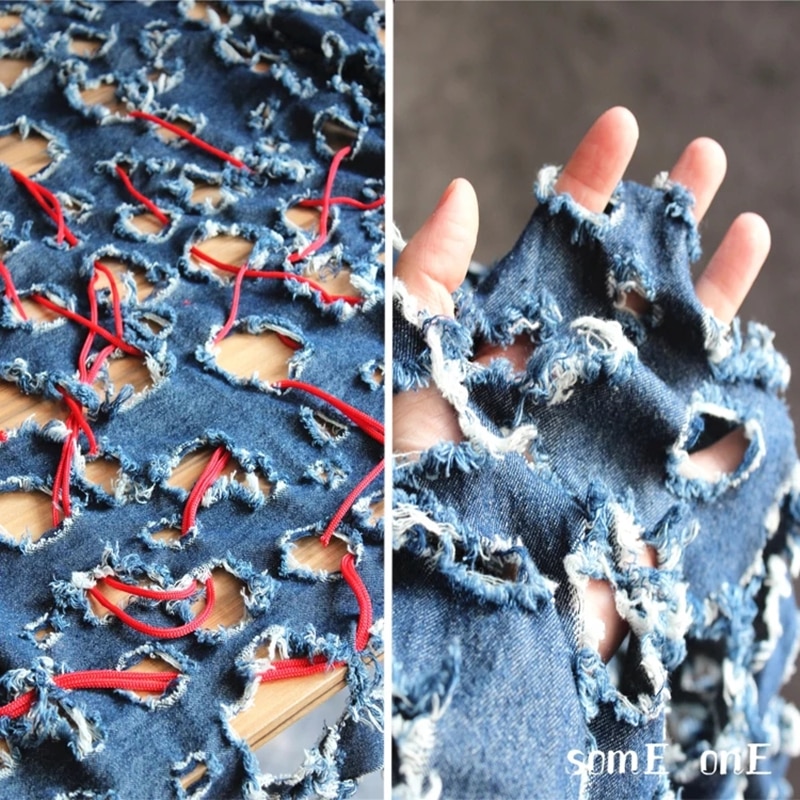 Blauw gat 3d wassen denim katoenen stof dubbelzijdig uitgehold diy jeans jas jas broek jurk stof 50*140cm