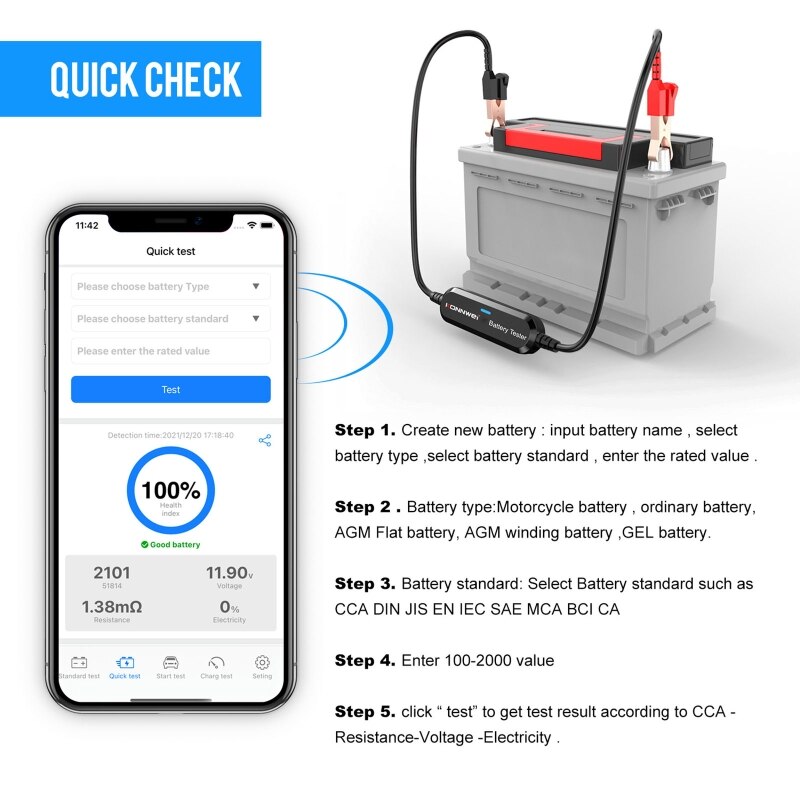 Car Battery Tester Quick Check Lead-Acid Starting Battery Analyzer Electric Quantity Detector for 12V Heavy-Duty