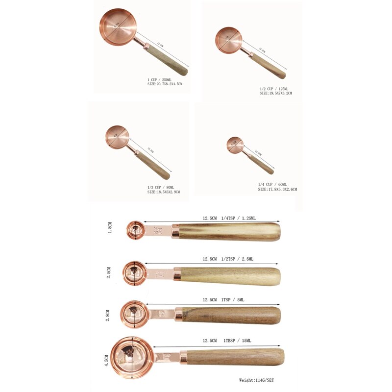 Juego de tazas cucharas para medida, mango de madera, cuchara medidora de Metal de acero inoxidable, accesorios de cocina, 4 Uds.