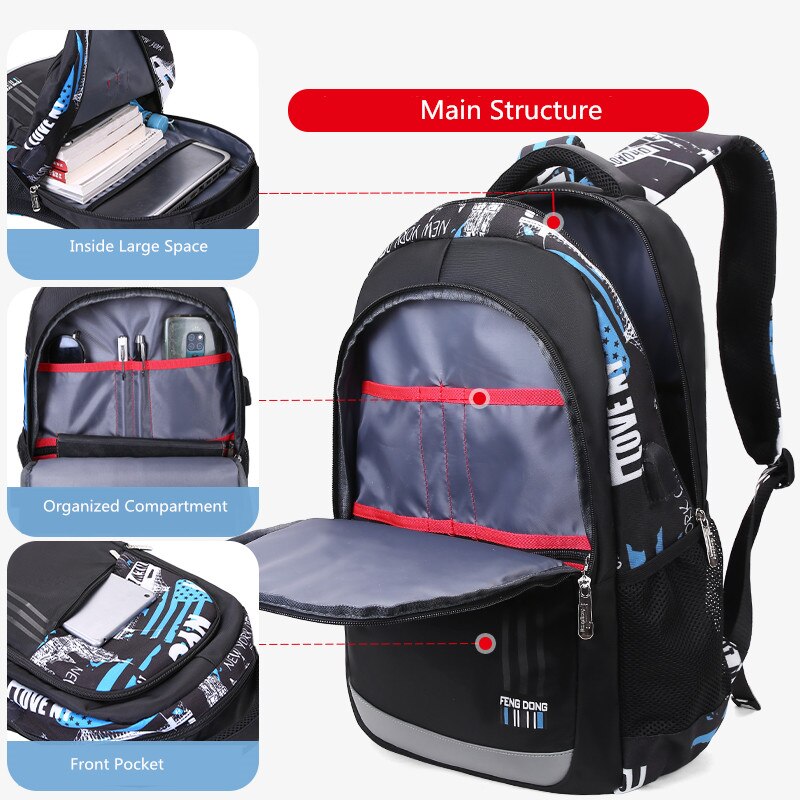 Okkid estudante grande mochila porta usb sacos de escola para adolescentes meninos bookbag bagpack masculino portátil mochila 15.6 presente