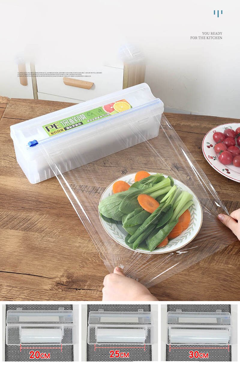 Alimentos de cozinha clingfilm cortador plástico caixa de corte ajustável cling film cortador preservação folha caixa de armazenamento com fundo sucção