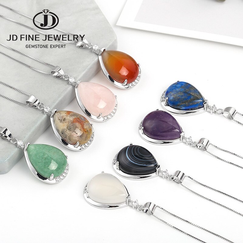 JD 1 Pcs Water Shape Natural Rose Pink Quartz Crystal Pendant 925 Silver Color DIY Fit Necklaces For Jewelry