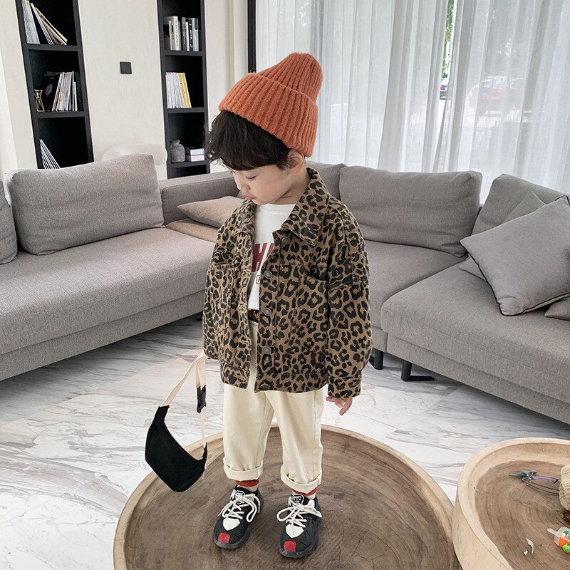 Koreansk stil pojkar våren höst leopard jacka barn enkel breasted långärmad lös kappa