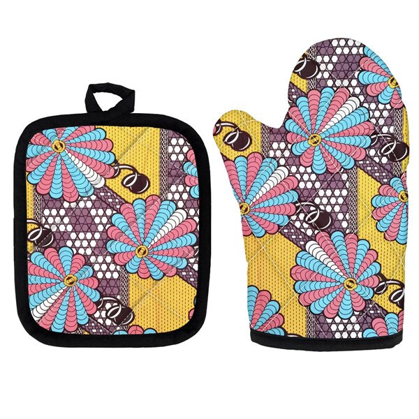 Set Van 2 Afrikaanse Etnische Tribal Bloemen Keuken Koken Magnetron Handschoenen Mitts Pot Pad Heat Proof Beschermd Thuis Bakken pads: HTA060D19