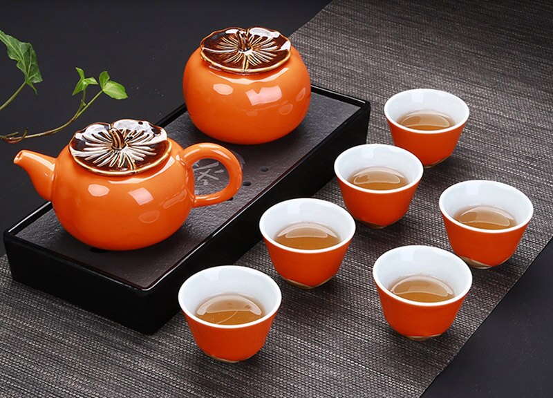 Creativo Cachi Modello Kung Fu da Tè in Ceramica impostato Comprende 6 tazze 1 teiera, smalto rosso di Porcellana Squisita Tazza di Tè drinkware: 02