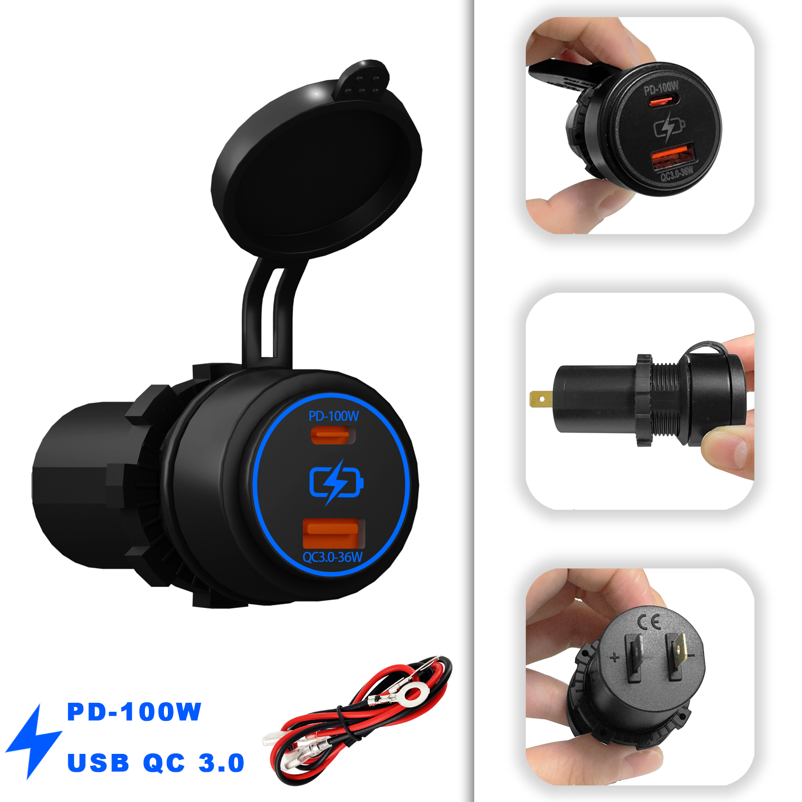 PD 100W snellader en QC 3.0 snelle voeding met blauwe LED dubbele USB autoladeradapter voor auto marine vrachtwagen camper waterdicht