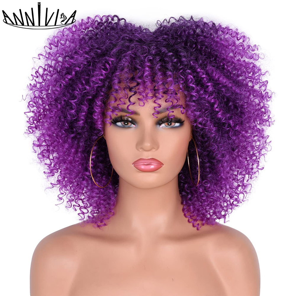 Short Hair Afro Kinky Curly Wigs With Bangs African Synthetic Ombre Cosplay Wigs For Black Women High Temperature: PURPLE