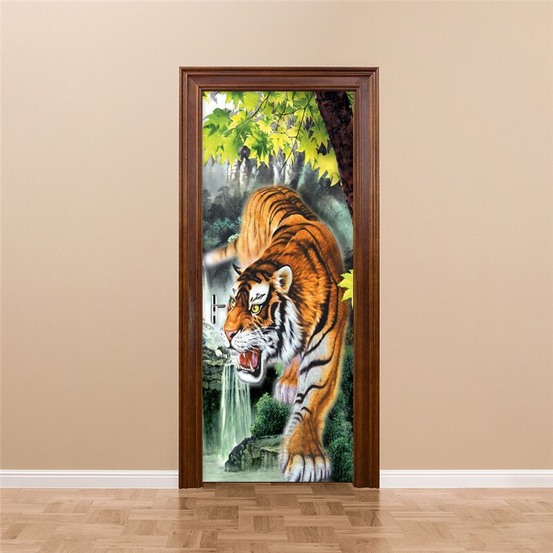 3D Stereo Lifelike Tiger Door Sticker Cartoon Animal Kids Bedroom Living Room Home Decor Wallpaper PVC Waterproof Door Poster 3D