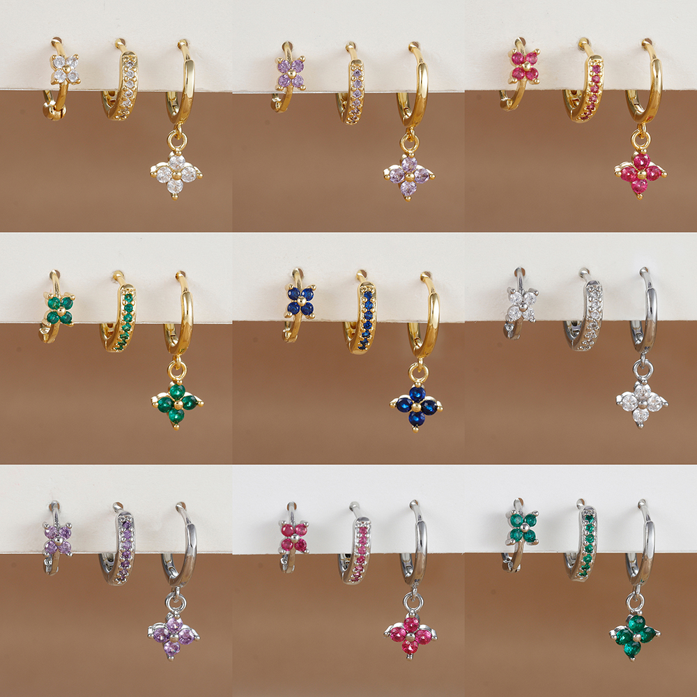 Conjunto de pendientes colgantes de flor de acero inoxidable para mujer, aretes colgantes de circonia de cristal, joyería para Piercing hipoalergénica, 3 uds.