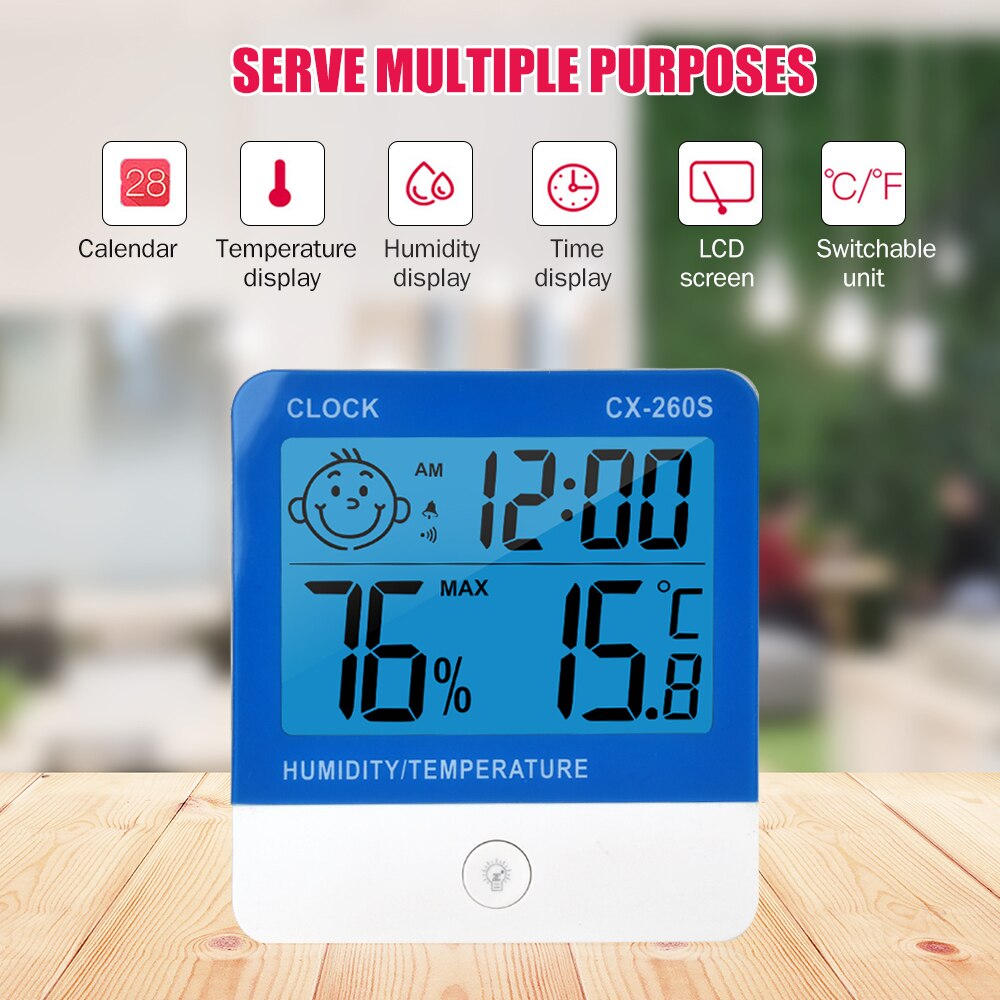 Digital Thermo-Hygrometer Thermometer Hygrometer Indoor Room Temperature Humidity Gauge Meter Alarm Clock for House Office Hotel