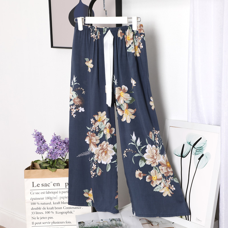 Pantalon en coton respirant pour femmes, imprimé Floral, jambes larges, cordon de serrage, vêtements de maison, Long, été: 2