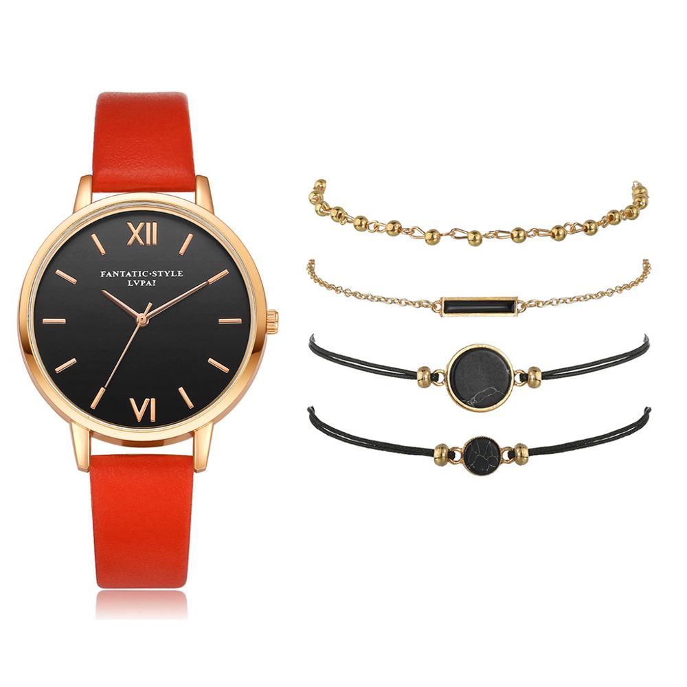 Ensemble de montres en cuir pour femmes, 5 pièces, montres à Quartz, simples, romaines, décontractées, , offre spéciale,: red set