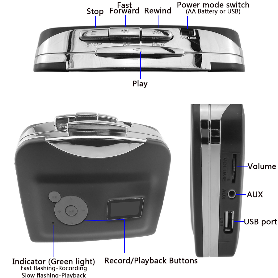 Lettore di cassetta autonomo, convertitore da cassetta portatile a MP3, registratore di musica, veloce da MP3 a USB registrato