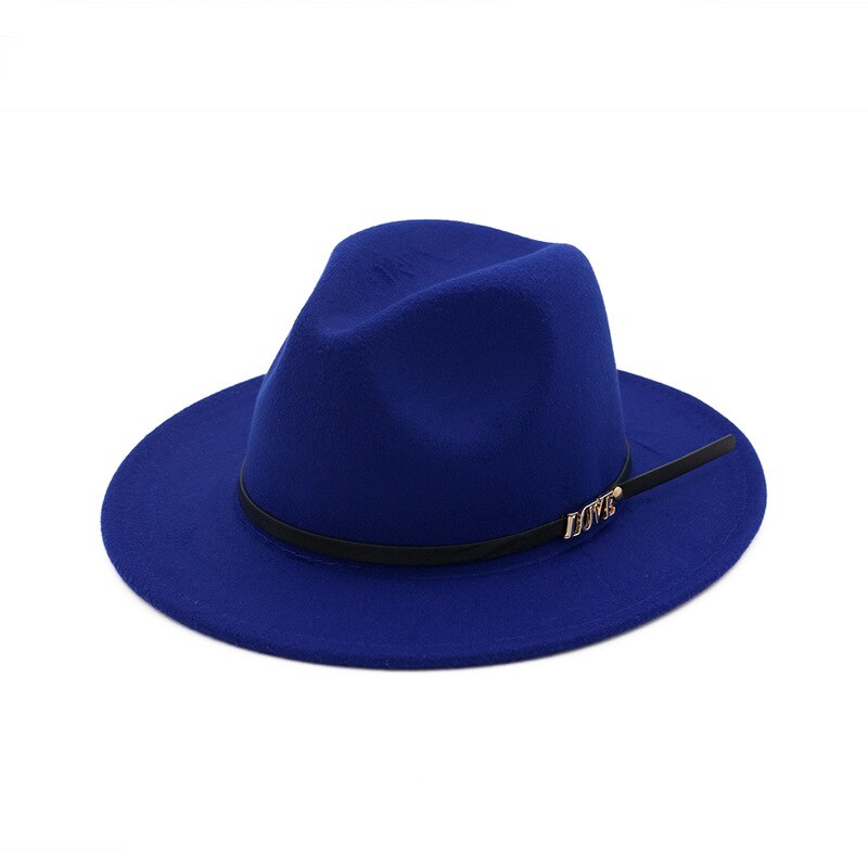 Men Wool Fedora Hat Wide Brim Women Faux Woolen Ladies Fedora LOVE Logo Jazz Hat Belt Caps Bowler Felt Hats Autumn Winter: Blue