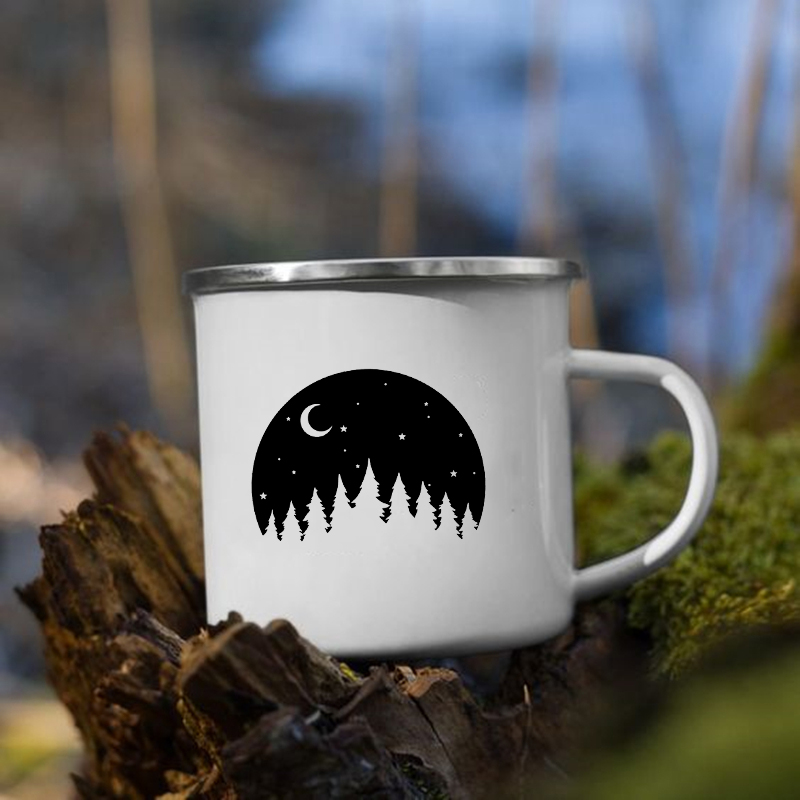 Taza con estampado de bosque y montaña, tazas creativas para café, té, bebidas, agua, desayuno, leche, Camping, senderismo, con asa,: XH1704-A015WH-8