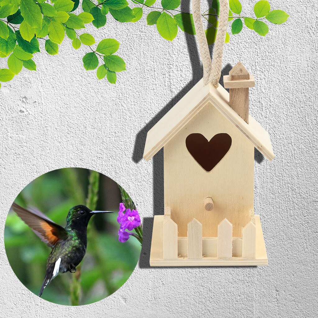 Hummingbird House Nest Wood Wooden Hanging Standing Birdhouse With Heart Window Outdoor Garden Decor Pet Supplies