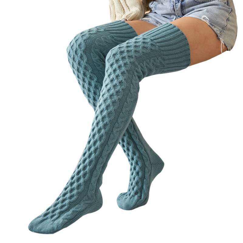 Female Knitted Stocking, Ladies Solid Color Knee-High Socks Long Tube Socks for Fall Winter, Blue/Black/Gray