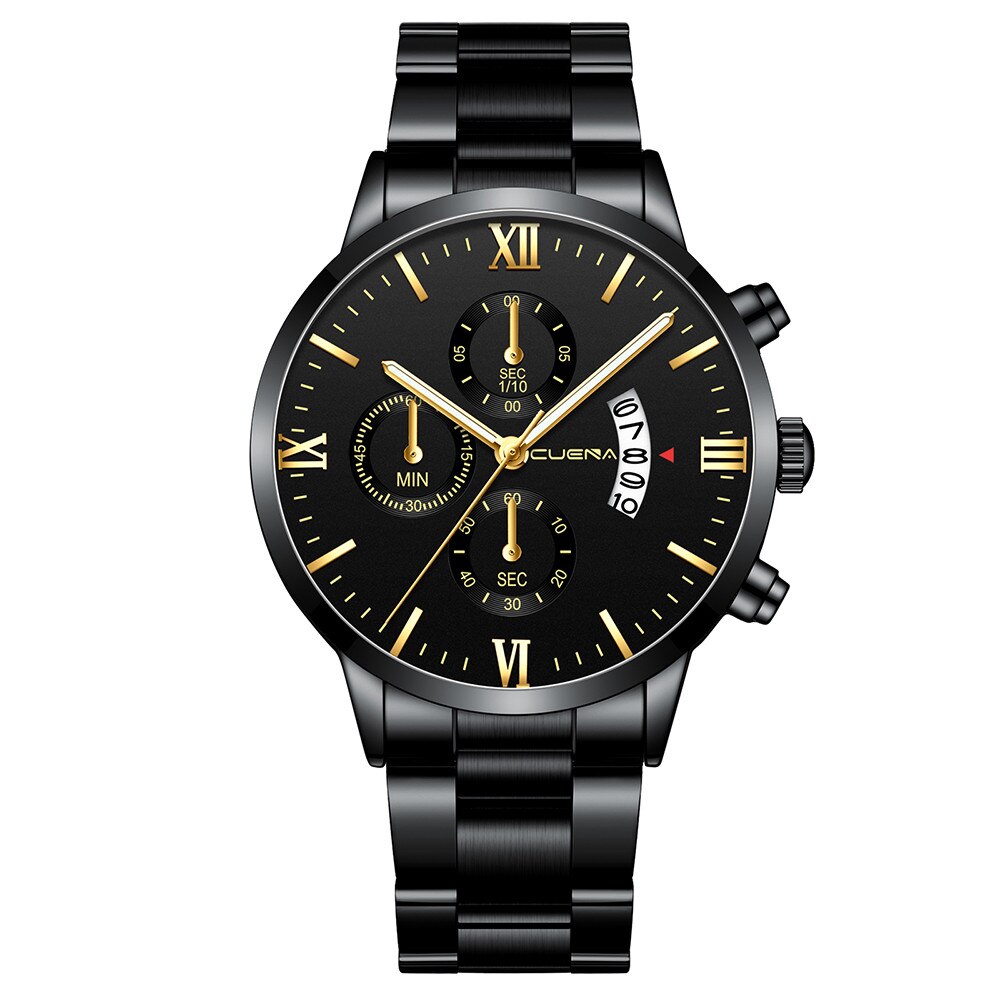Cuena-reloj con correa de acero para hombre y mujer, cronógrafo de cuarzo con tres ojos, calendario de seis piezas,: A