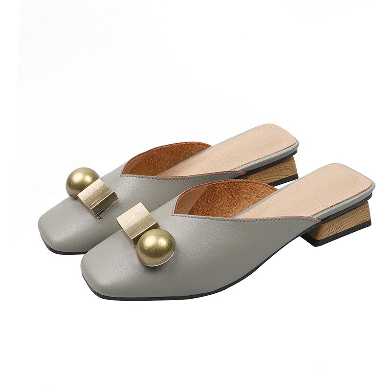 Vrouwen Slippers Sandalen Zomer Houten Blok Hak Slip Op Mule Hak Casual Schoenen Metalen Gesp Slides Slipper: Grijs / 35