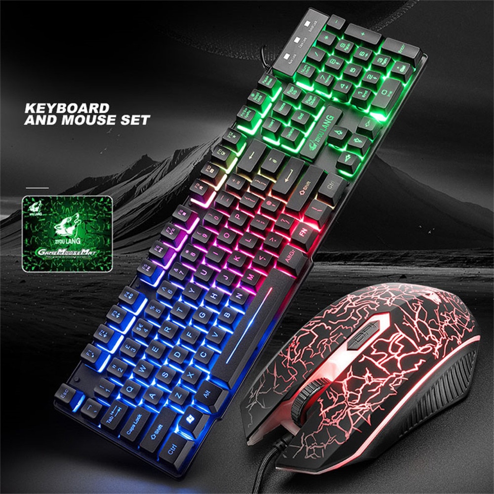 Colorful LED Illuminated Backlit USB Wired PC Rainbow Gaming Keyboard Mouse Set Gamer Gaming Mouse and Keyboard Kit Home Office