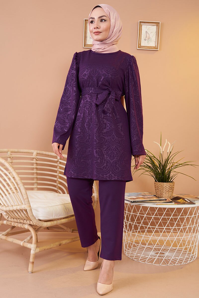 Self-Printed Double Suit Zero Collar Belted Seasonal Hijab Clothing Muslim Women Wedding Engagement Dining Daily