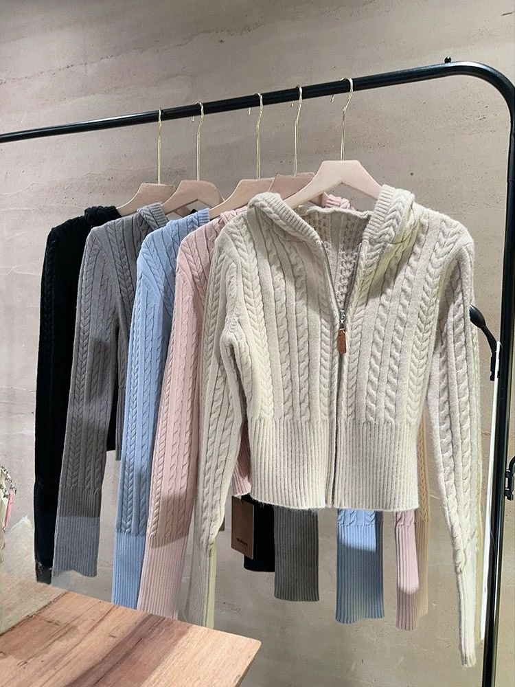 Preppy Style Twist Cardigan Women Autumn Clothing Hooded Sueter Mujer Casual All Match Knitted Solid Sweater Tops Pull Femme