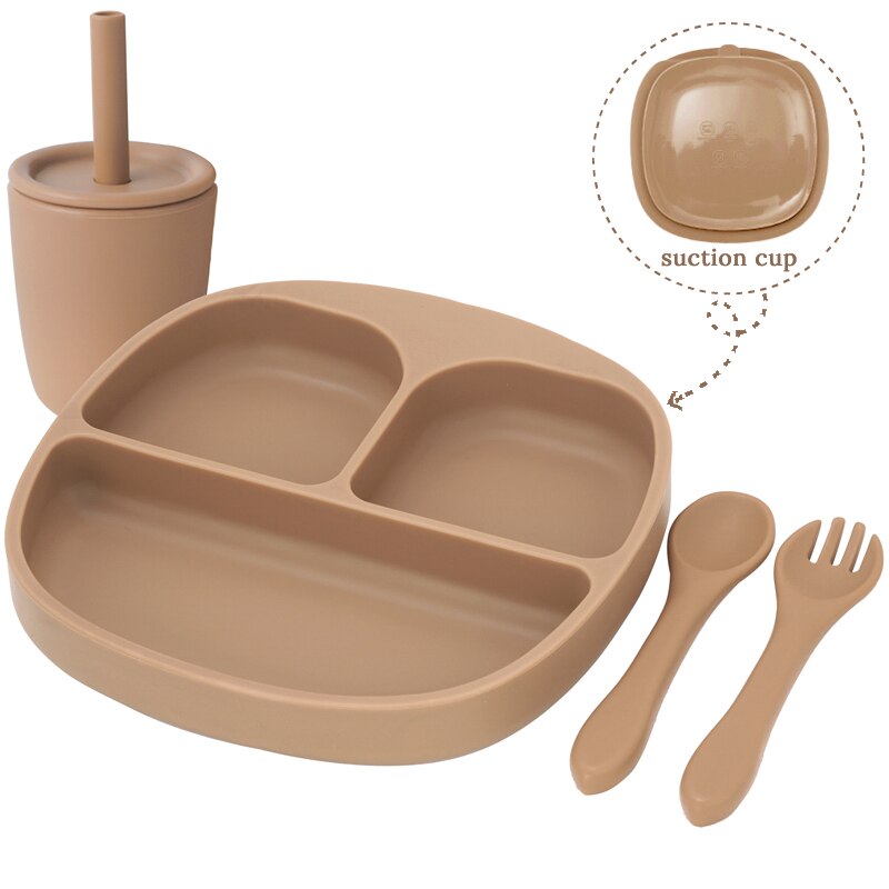 BPA Free Children's Tableware Baby Feeding Solid Food Dinner Set Plates Training Bowl Feeding Dishes Spoon Fork Straw Cup: 02-caly