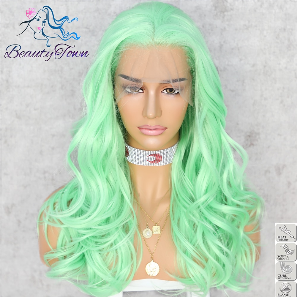 BeautyTown Onda Verde claro resistente al calor Drag Queen Blogger  maquillaje mujeres presentes boda peluca frontal de encaje sintético –  Grandado