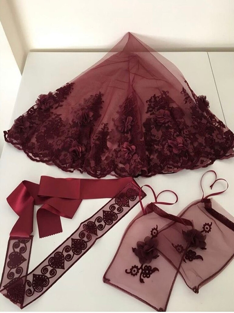Ensemble de voile de mariée brodé en henné 3D, avec fleurs et paillettes, accessoire de nuit de mariage, de mariage, de couleur rouge bordeaux, modèle