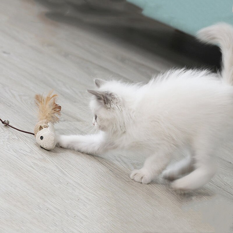 Teaser de Gato de dibujos animados, varilla de pesca de madera, juguete de ratón con Mini campana, atrapador de gatos, bastón de madera, juguetes interactivos para gato