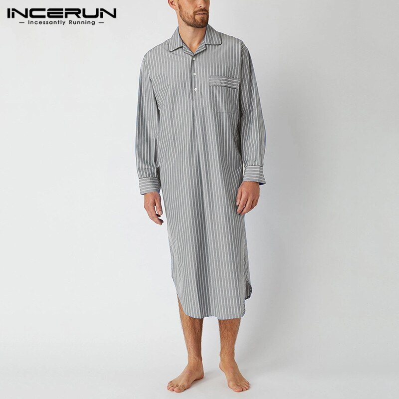 Mannen Gestreepte Gewaden Leisure Revers Lange Mouw Knop Comfortabele Homewear Nachtjapon Casual Heren Badjassen Nachtkleding S-5XL Incerun