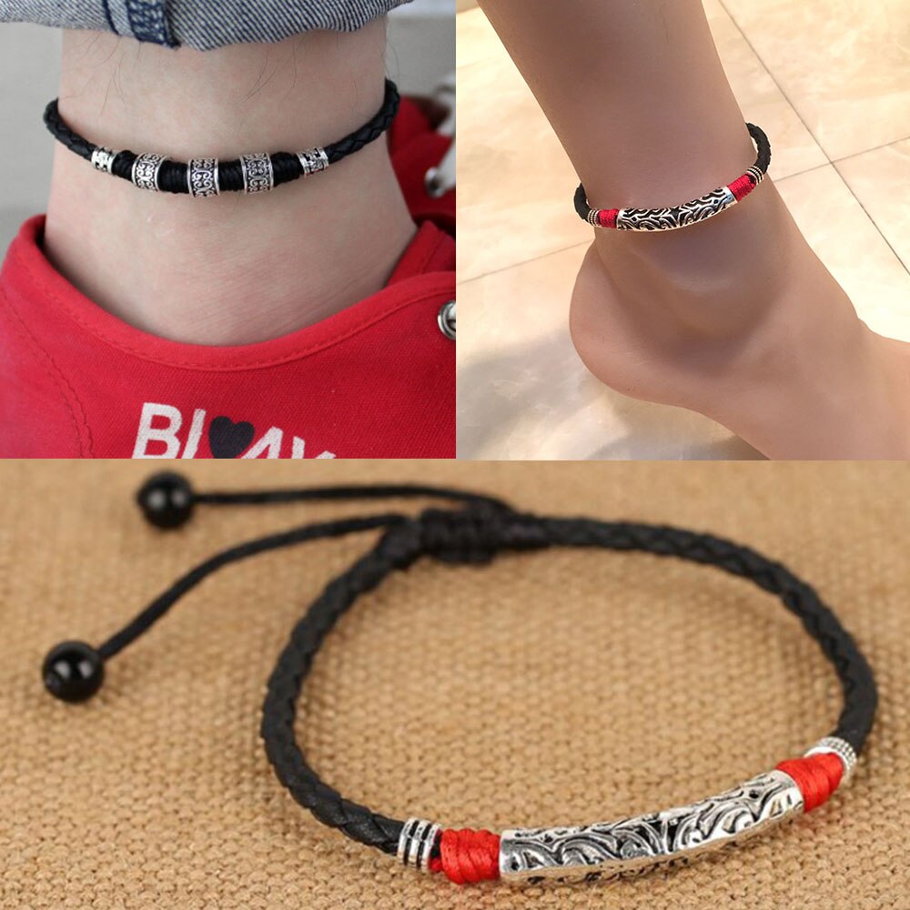 Mens Frauen Paar Leder Seil Fußkettchen Knöchel-Armbinde Barfuß Sandale Strand Fuß Kette Knöchel Ornamente Füße Schmuck