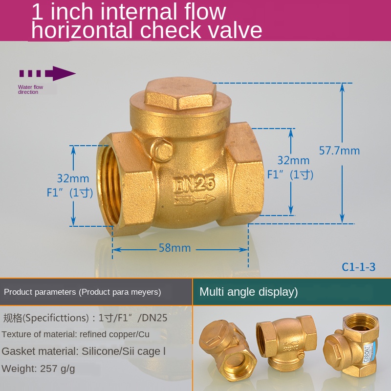 Copper 1/2IN Discrete Check Valve Spring Check Valve 3/4IN 1 Inch Thread Horizontal Check Valve: C1-1-1